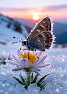 Butterfly on a frosted flower at sunrise