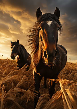 Horses in a golden field at sunset