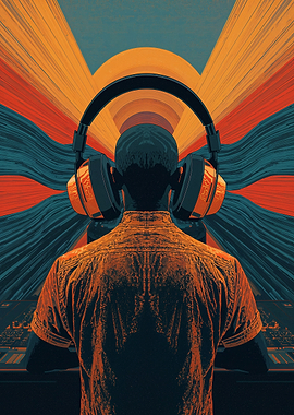 DJ with headphones facing abstract and sunrise-like background
