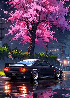 Tuned Car Under Cherry Blossoms