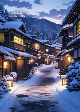 Snowy Japanese Village at Dusk