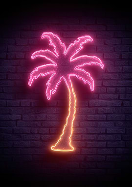 Neon Palm Tree on Brick Wall