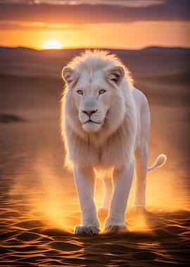 White Lion in Desert Sunset