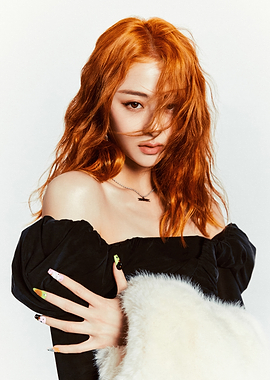 huh yunjin with fiery orange hair and black dress