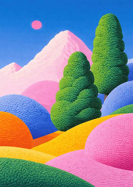 Surreal Landscape with Pink Mountains and Trees