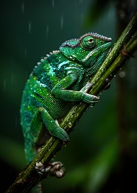 Green Chameleon in Rain