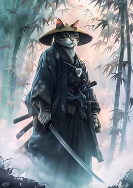 Samurai Cat Warrior in Bamboo Forest