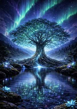Tree of Life by a Lake Aurora Borealis