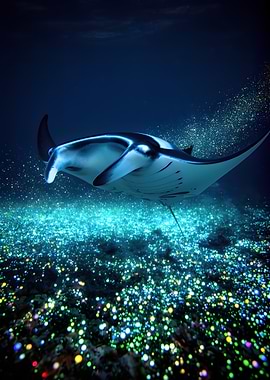 Manta Ray swimming in glowing ocean