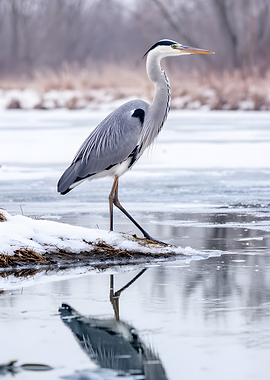 Grey Heron on Snowy Riverbank