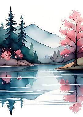 Watercolor Landscape with Cherry Blossoms