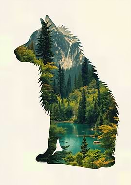 Wolf Silhouette Double Exposure — Mountain Lake Forest Art