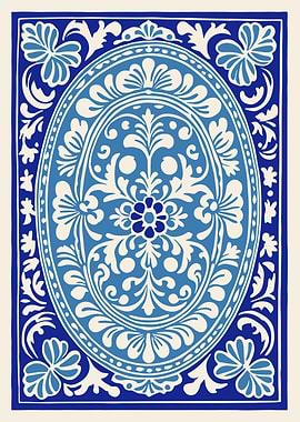 Blue and White Floral Oval Design