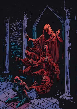 Knight confronts spectral figures