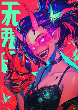 Demon Girl with Oni Mask Fantasy Art