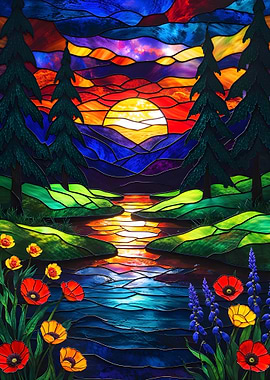 Stained Glass Sunset Landscape