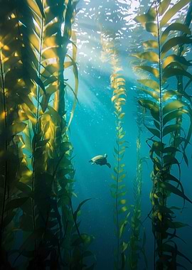 Sea Turtle Swimming in Kelp Forest