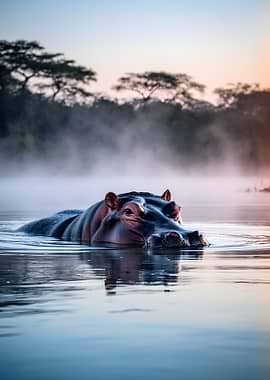 Hippopotamus in Misty Water at Sunrise