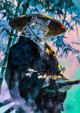 Snow Leopard Samurai in Bamboo Forest