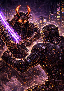 Cyberpunk Samurai vs Robot Battle - Neon Ronin Poster (Cyber Samurai Edition)