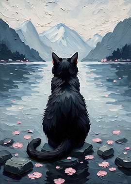 Black Cat by a Mountain Lake