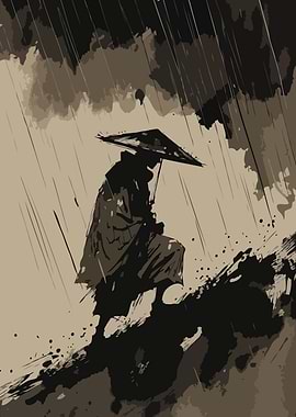 Samurai in the Rain Vintage Art