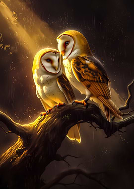 Two Barn Owls in Golden Light
