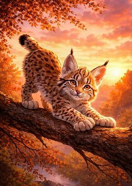 Cute Lynx Kitten on a Tree Branch