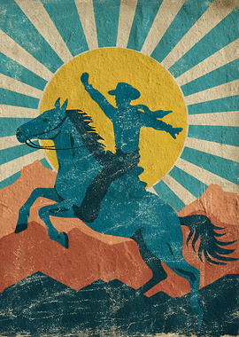 Cowboy Riding Horse in Sunset