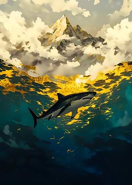 Shark swims below mountains