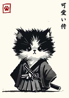 Samurai Cat Poster, Japanese Warrior Cat Art Print, Minimalist Anime Wall Decor