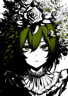 Anime Girl with Green Hair and Roses