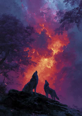 Wolves howling at a fiery sky