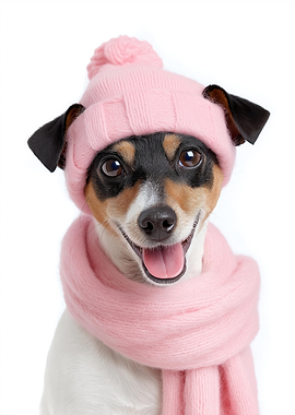 Cozy Rat Terrier Dog in Pink Winter Hat and Scarf