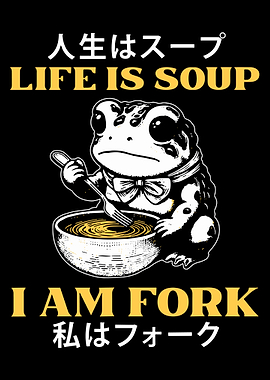 Life Is Soup I Am Fork Poster, Sad Frog Humor Wall Art, Funny Black White Print