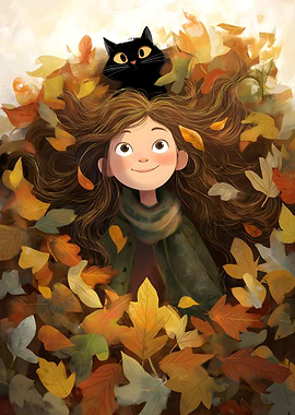 Girl and Black Cat in Autumn Leaves