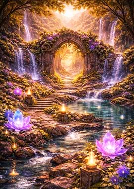 Forest Bridge with Waterfalls