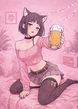 Anime Girl with Beer and Cat Ears