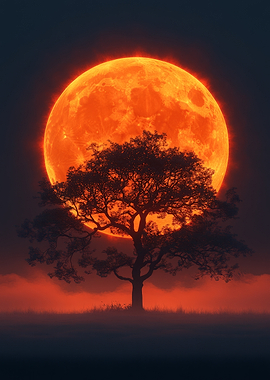 Fiery Moon Over Silhouette Tree