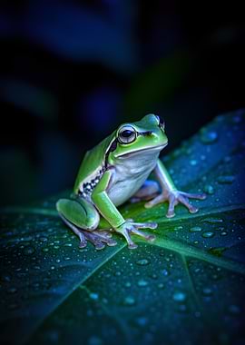 Green Tree Frog on Wet Leaf