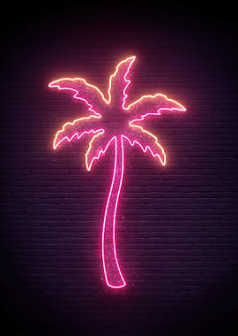 Neon Palm Tree on Brick Wall