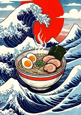 Ramen Bowl Amidst Great Wave