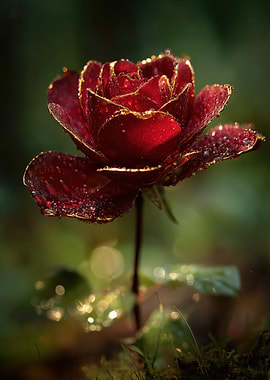 Gilded Red Rose with Dewdrops