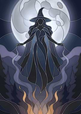 Modern Walpurgis Night Stained Glass Witch Moon Gothic Art