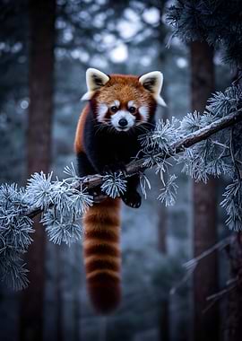 Red Panda on a Frosted Branch