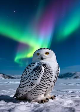 Snowy Owl Under Aurora Borealis