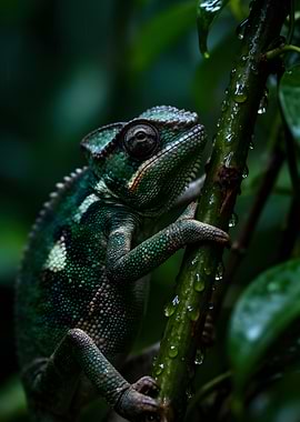 Chameleon on a wet branch