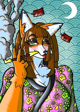 Fox Woman Smoking with Japanese Background