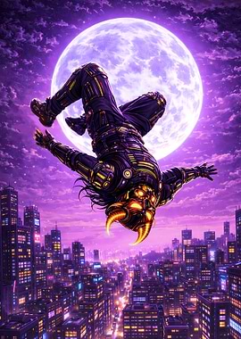 Cyberpunk Demon Breakdancer Over City - Neon Ronin Poster (Cyber Samurai Edition)