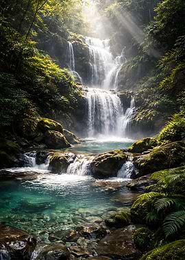 Lush Waterfall in a Tropical Forest